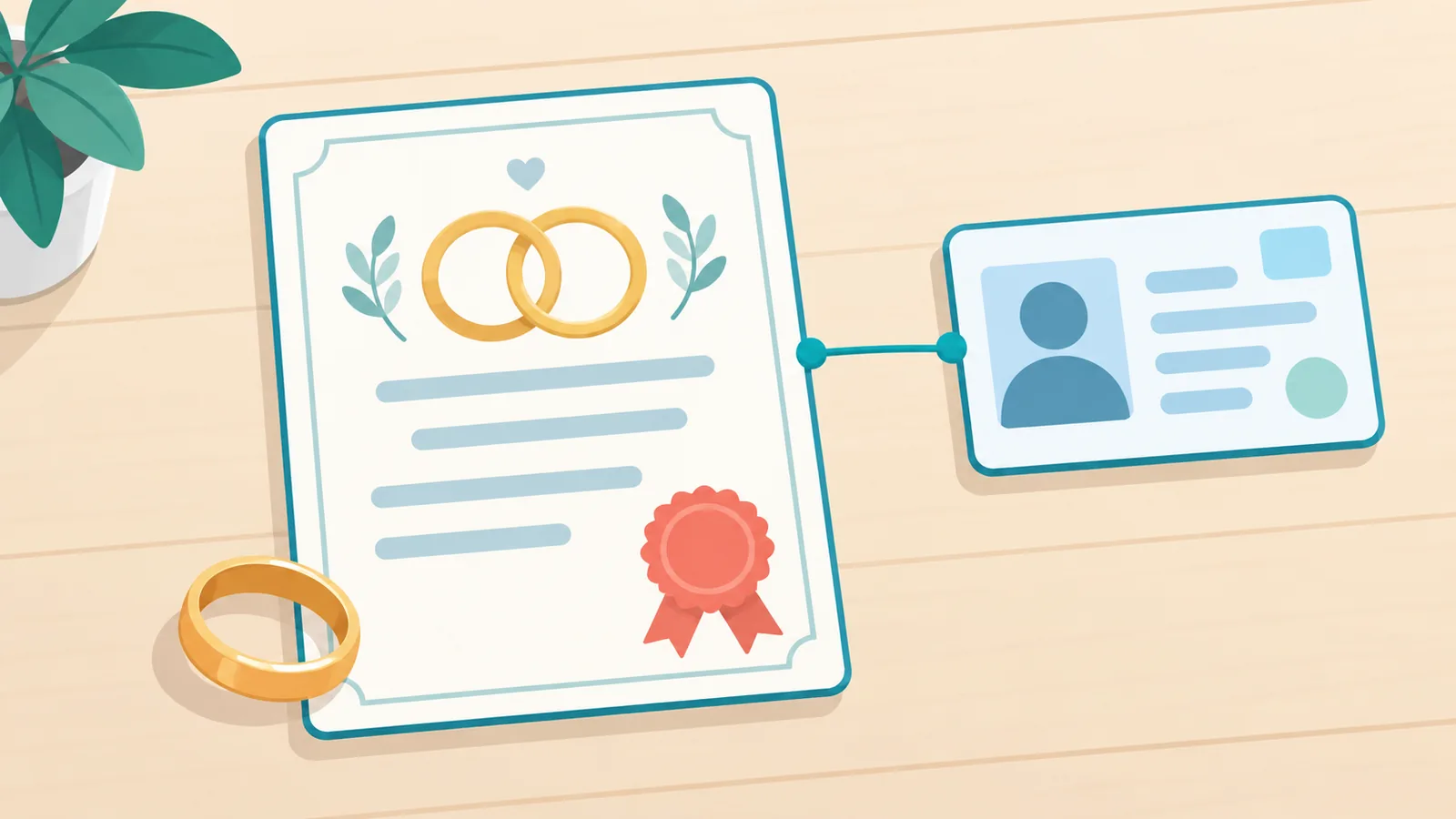 Wedding rings next to identity documents symbolizing a name change