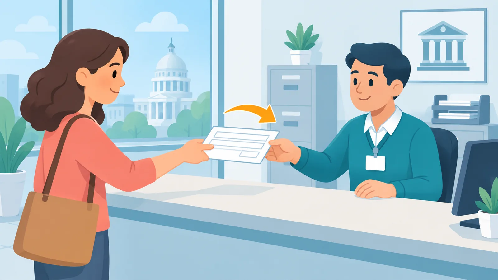Person handing paperwork to a government office clerk