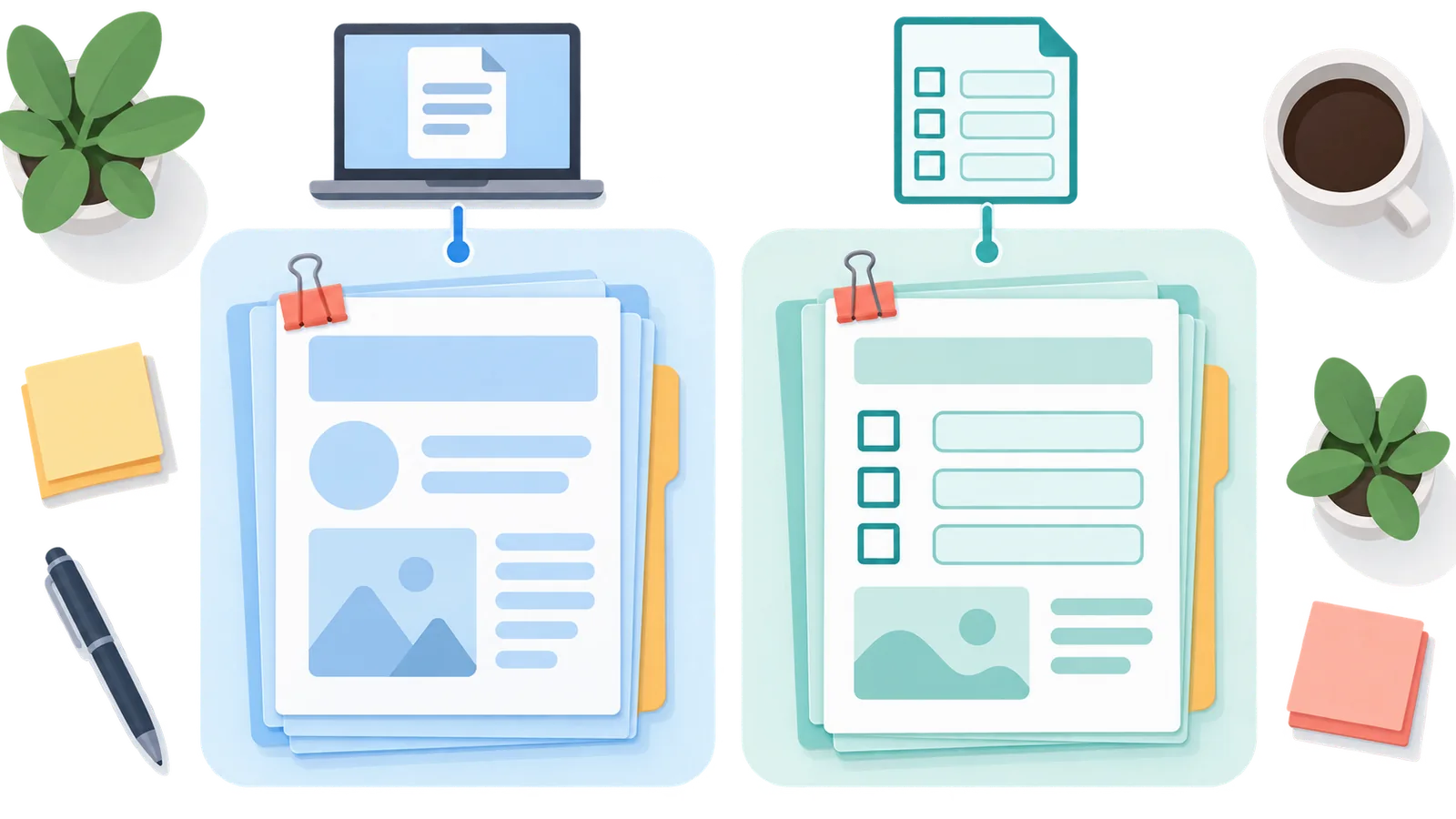 Two stacks of documents representing online versus in-person requirements