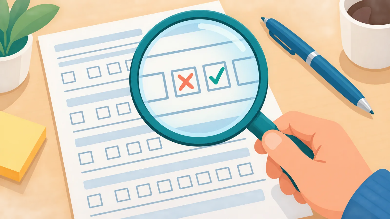 Magnifying glass reviewing a document for errors