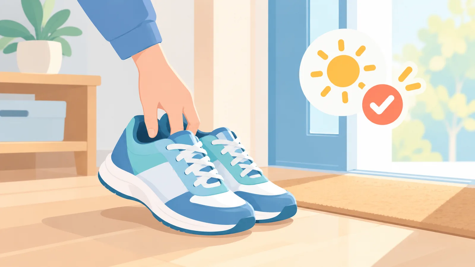 Sneakers placed by the front door ready for a walk