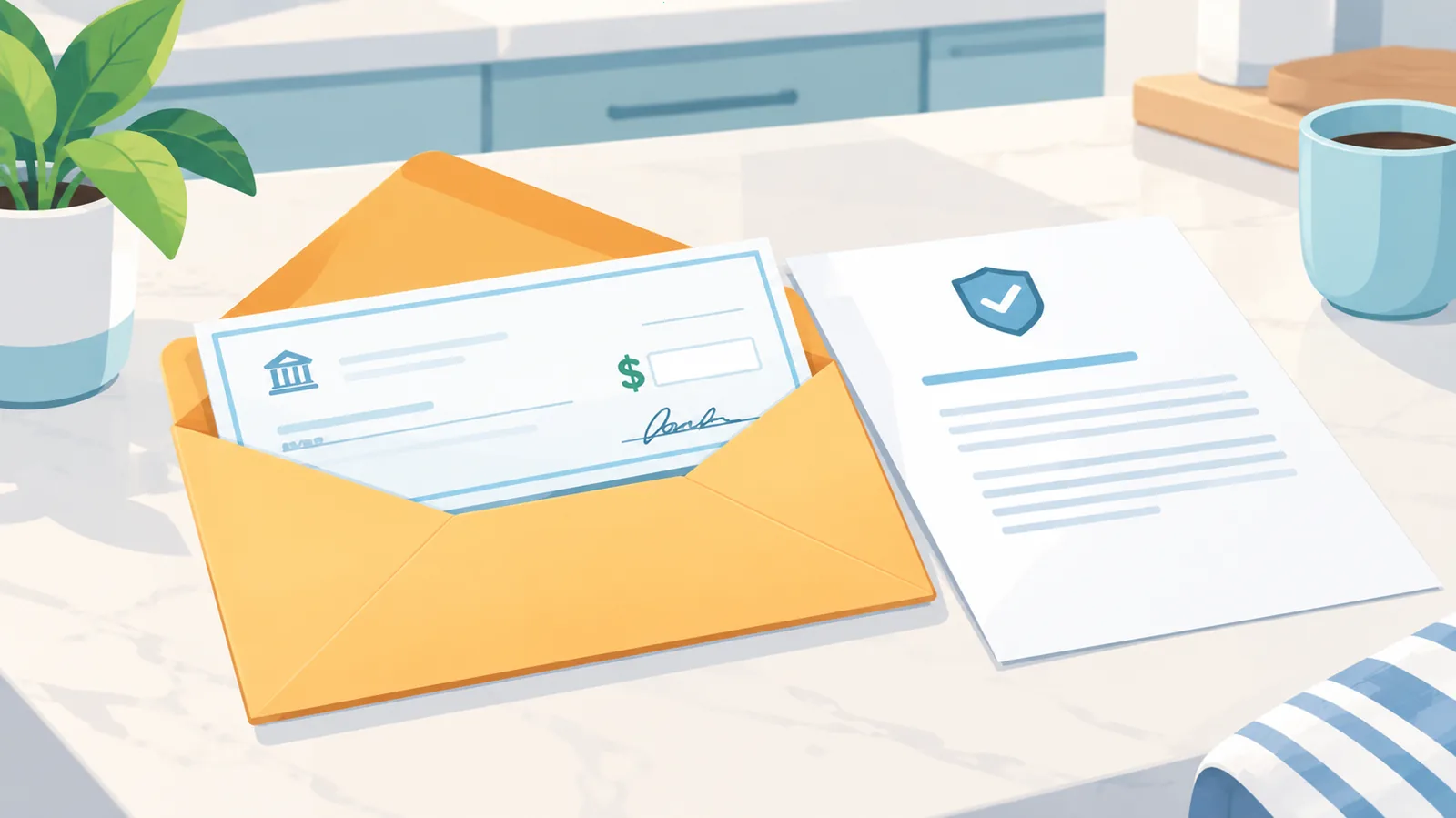 Envelope with an insurance settlement check and letter