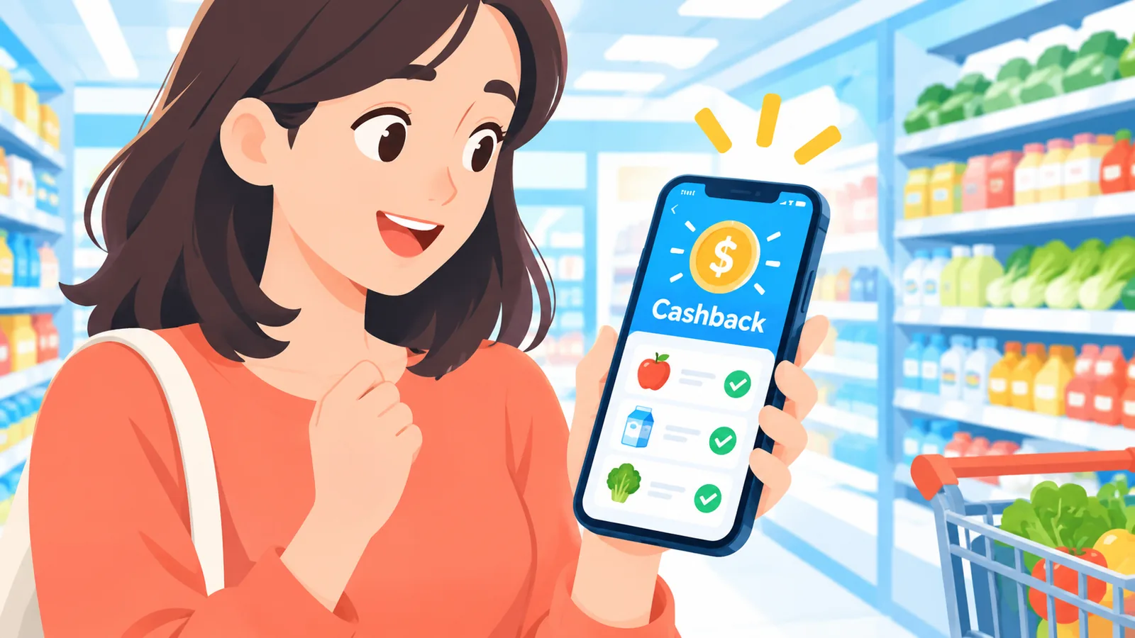 Shopper checking a grocery cashback app in a store aisle