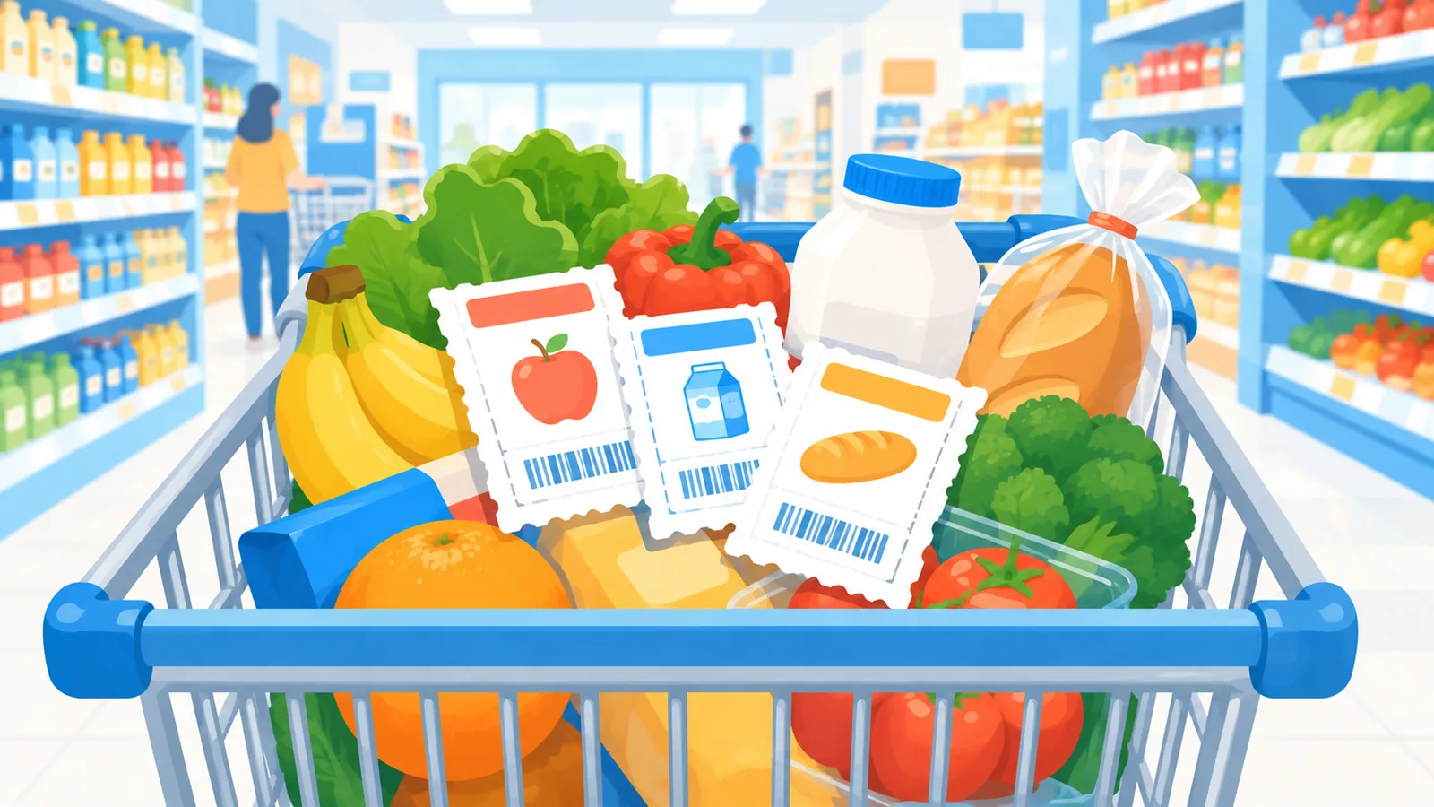 Grocery cart with stacked coupons on top