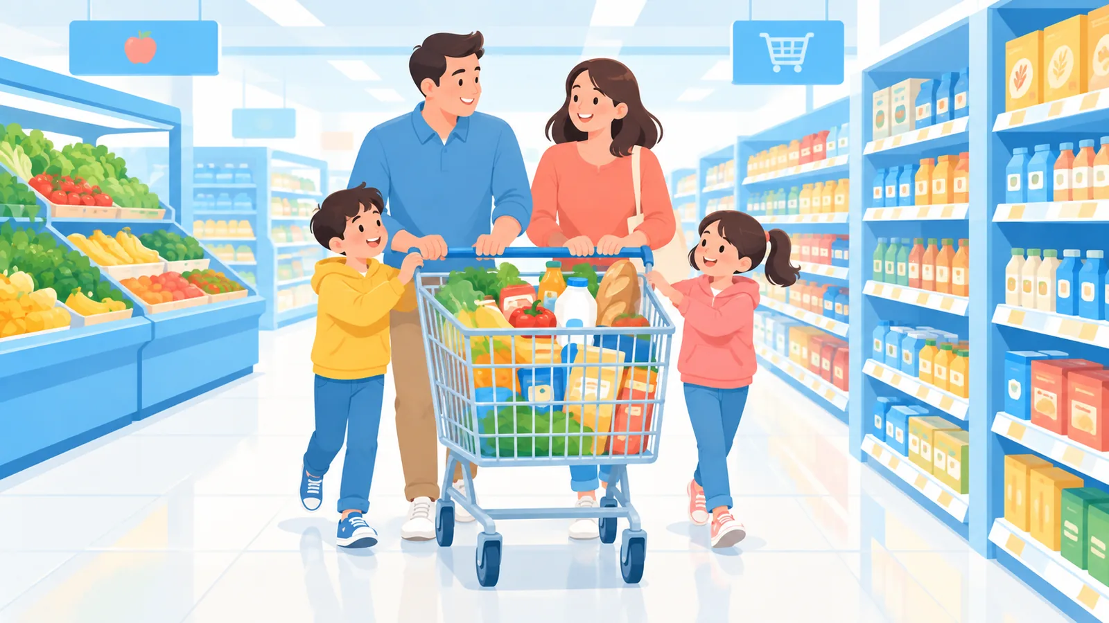 Family shopping together in a grocery store
