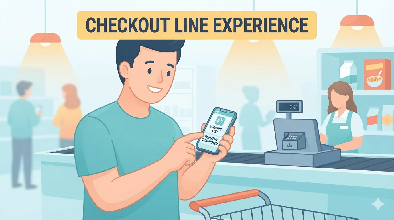 Shopper checking phone at checkout line