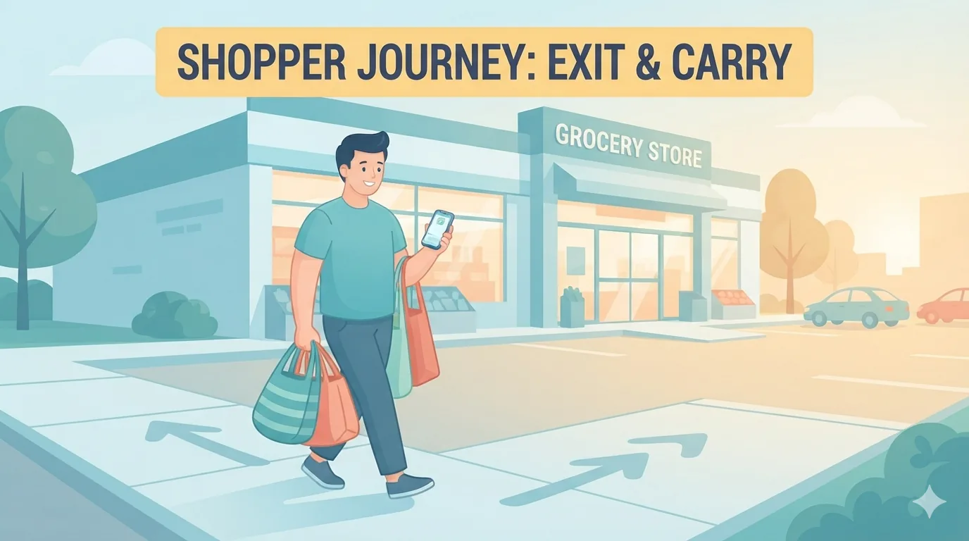 Shopper leaving grocery store with reusable bags