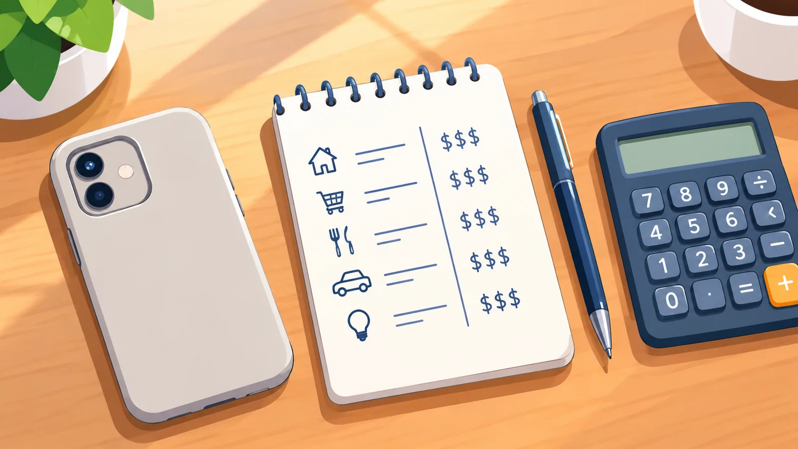 Smartphone on a desk next to a notepad and calculator for comparing total cost