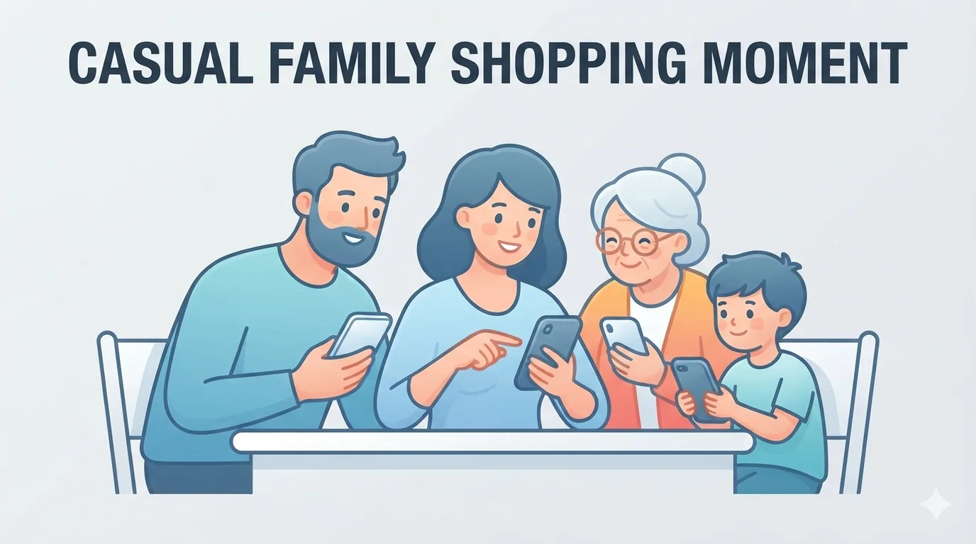 Family at a kitchen table choosing phones together