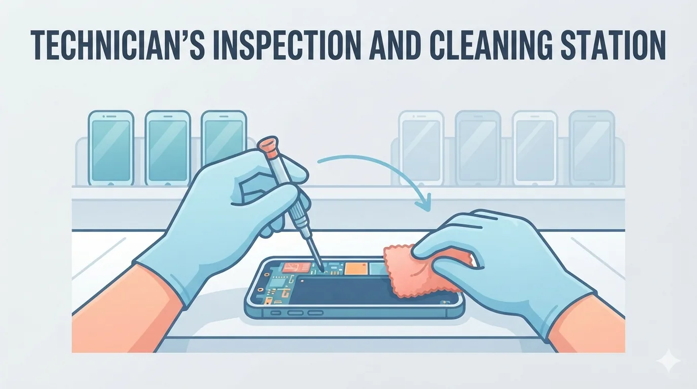 Technician inspecting a refurbished smartphone at a workbench