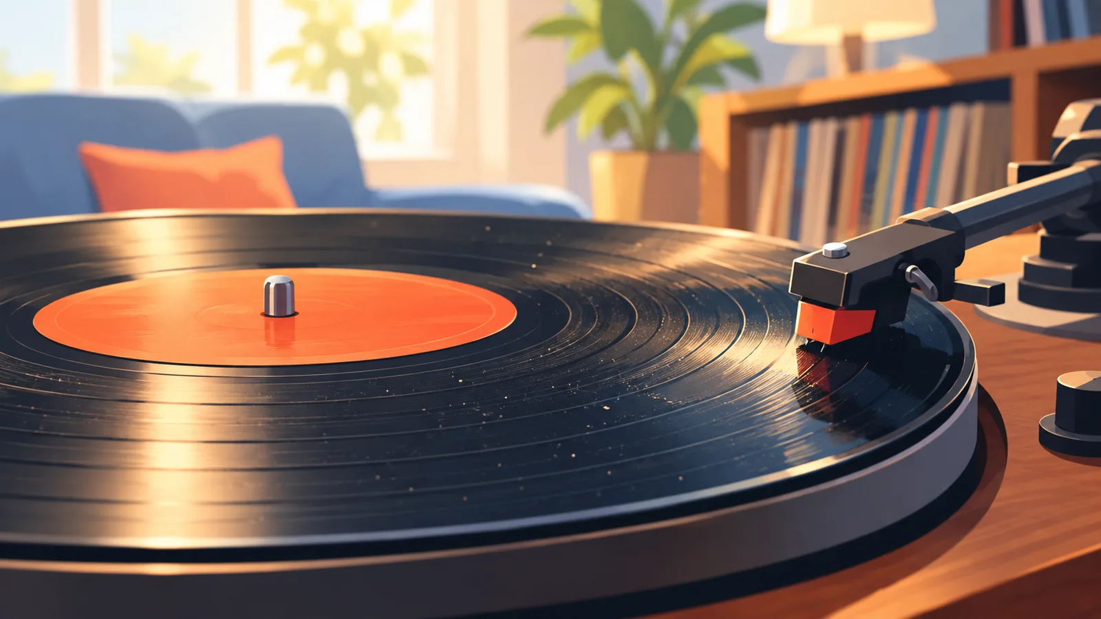 Dusty vinyl record spinning on a turntable
