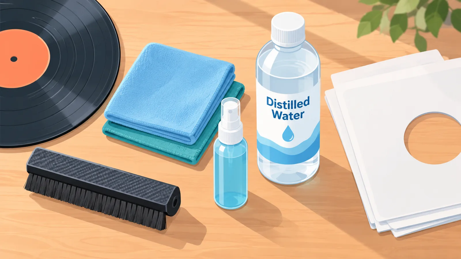 Flat lay of vinyl record cleaning supplies