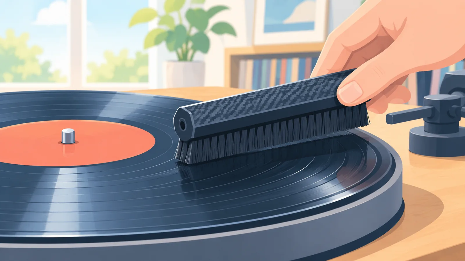 Carbon fiber brush dry brushing a vinyl record