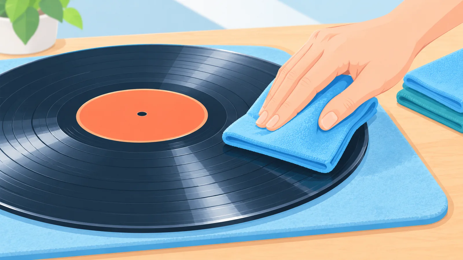 Hand wiping a vinyl record with a microfiber cloth