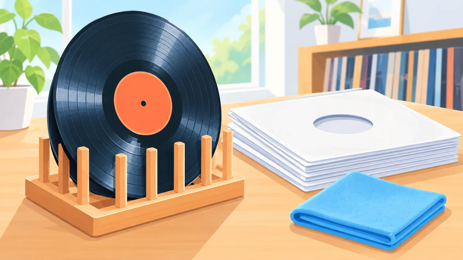 Clean vinyl record drying on a rack beside inner sleeves