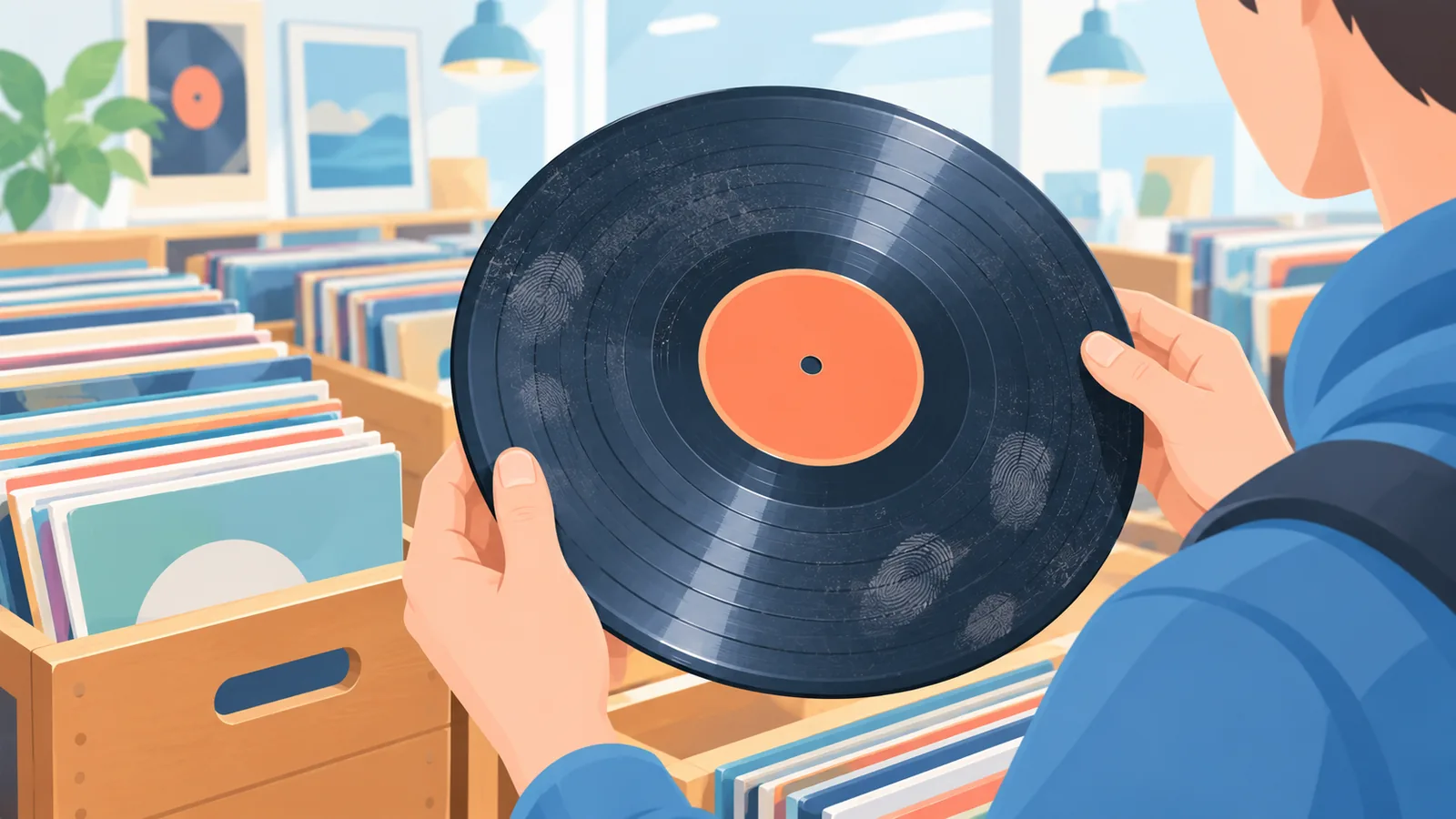 Person inspecting a used vinyl record at a thrift store