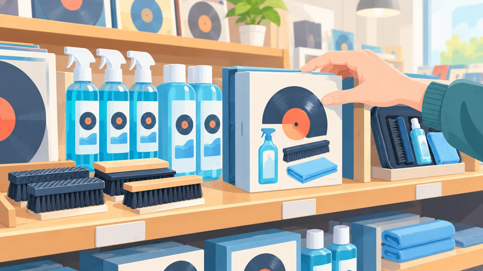 Shelf of vinyl record cleaning products in a shop