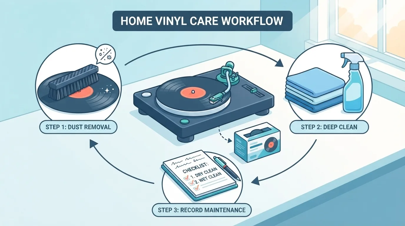 Tidy vinyl record cleaning station at home