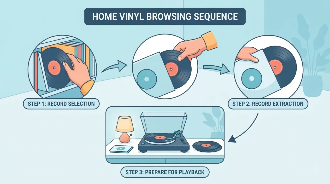 Person browsing a home vinyl record collection