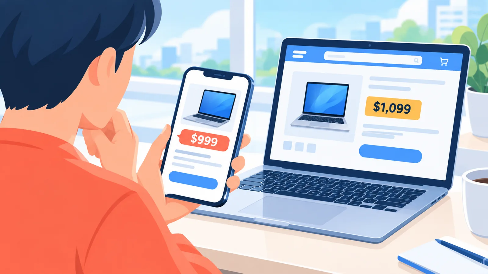 Shopper comparing two online prices for the same television