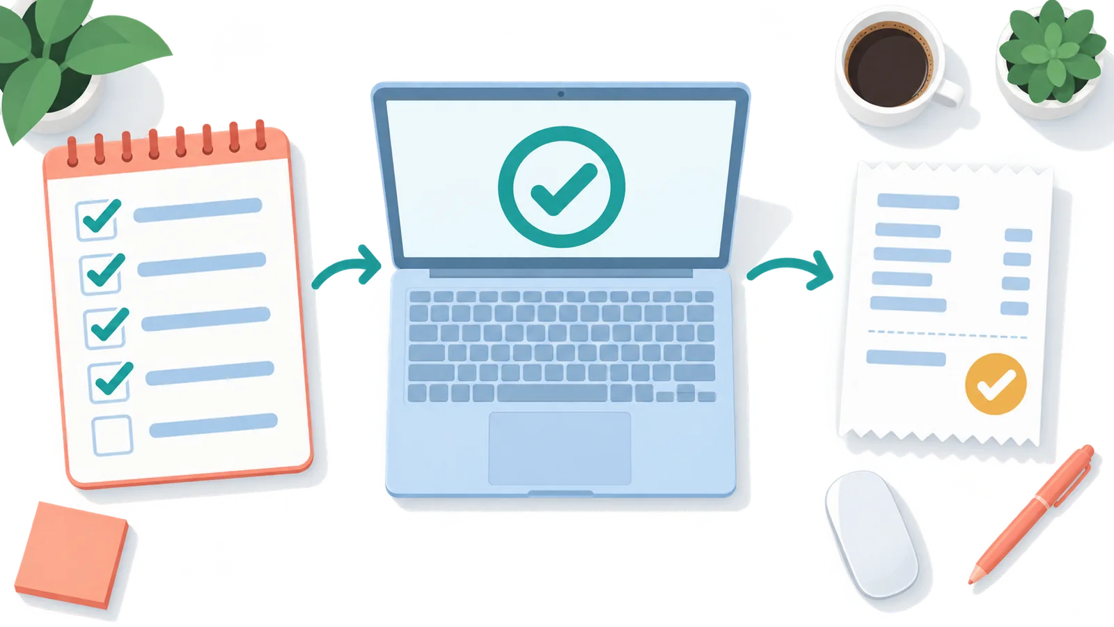 Completed checklist next to a laptop and receipt