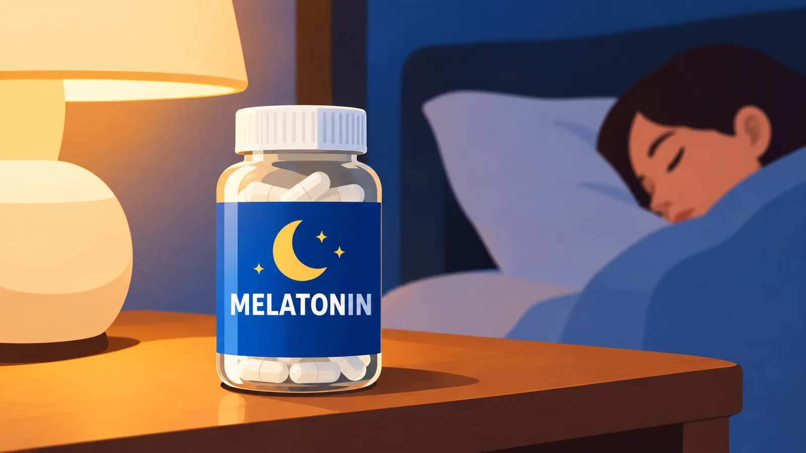Melatonin supplement bottle on a nightstand at night