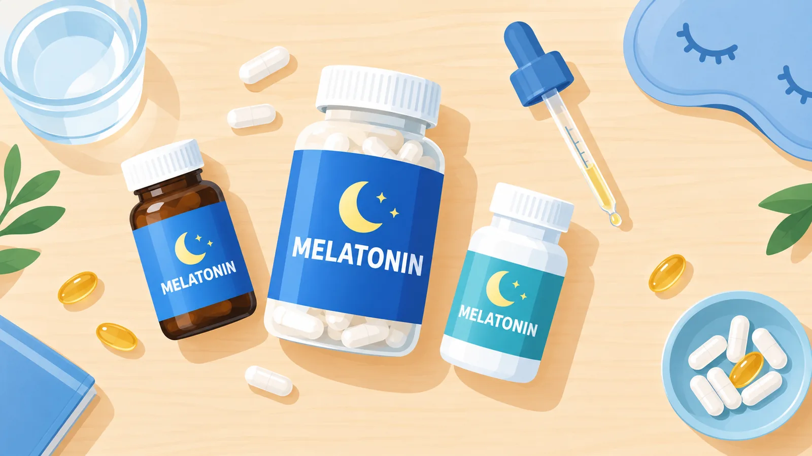 Flat lay of melatonin supplement options for comparison