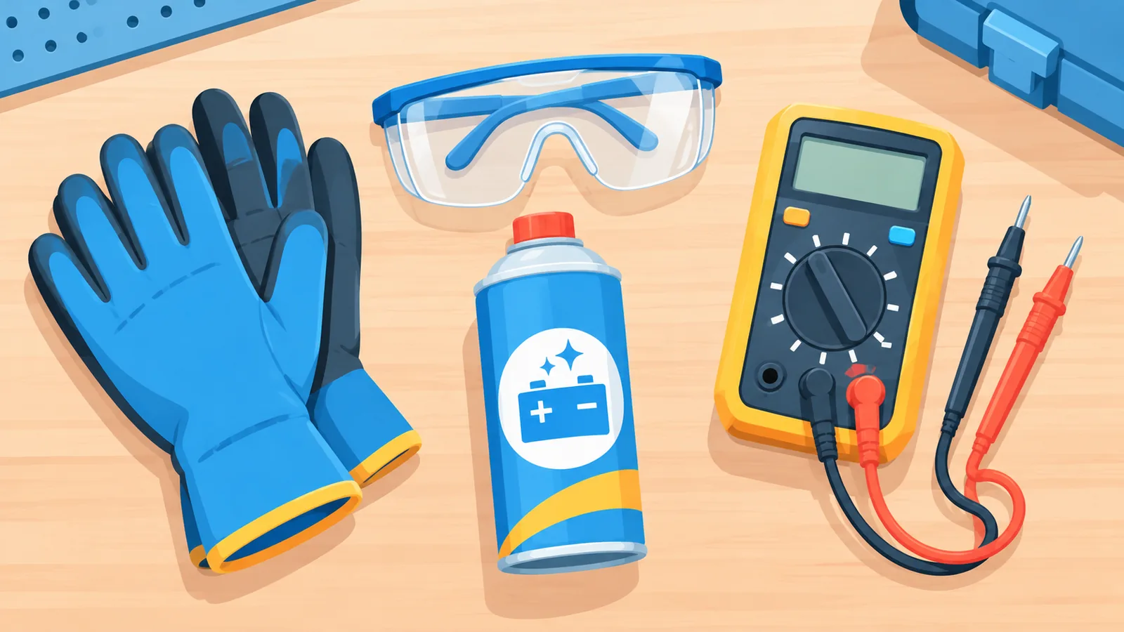 Guantes, gafas, limpiador de bornes y multímetro preparados sobre la mesa del garaje