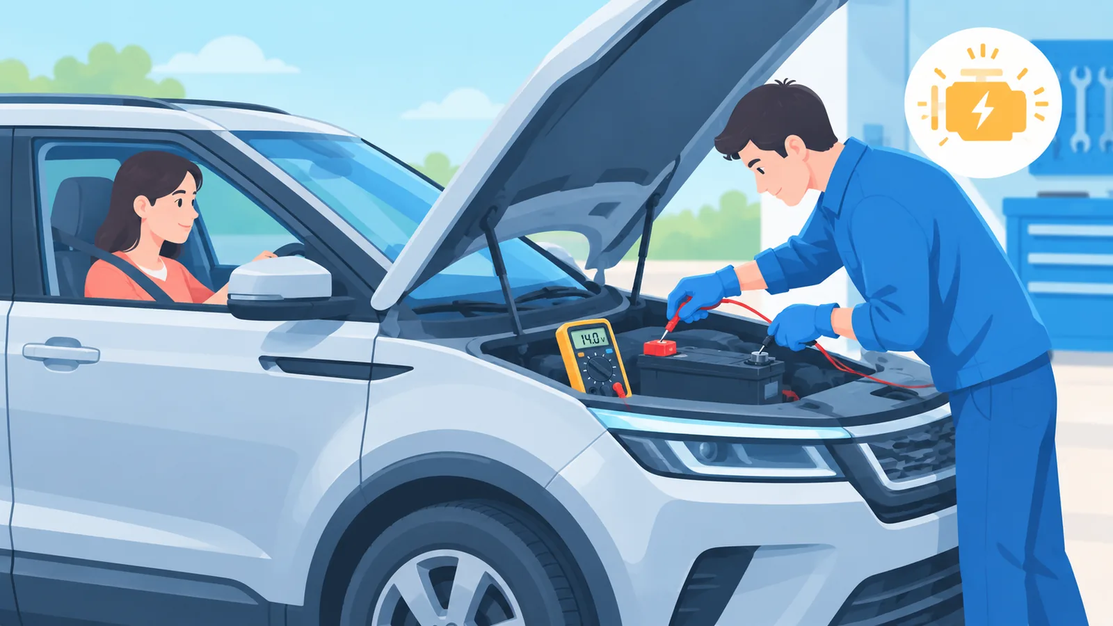 Dos personas realizando la prueba de arranque: una al volante y otra midiendo la batería