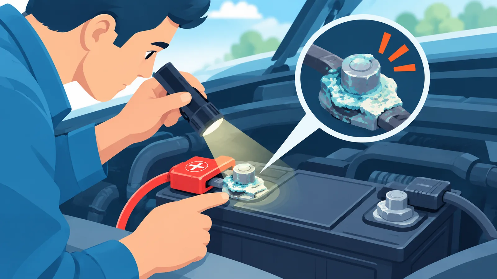 Persona revisando los polos de la batería del coche