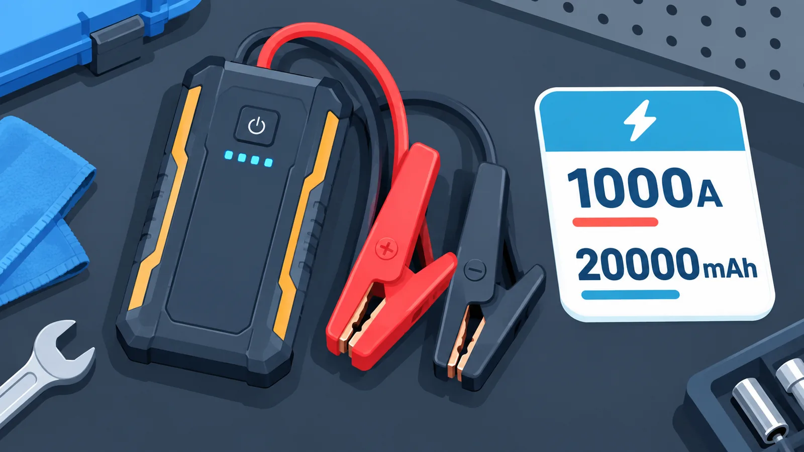 Arrancador de batería con cables y etiqueta de especificaciones técnicas