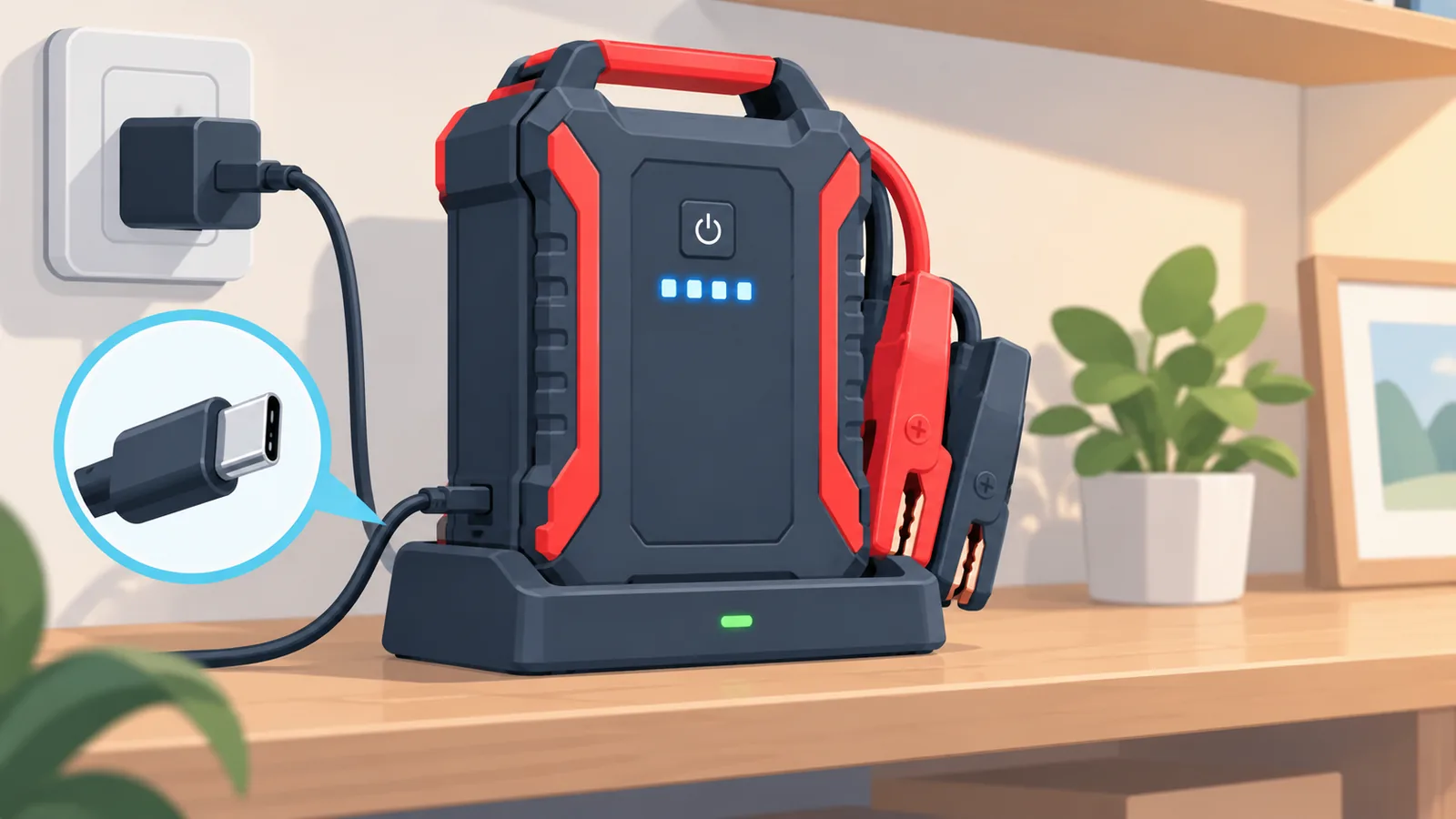 Arrancador de batería cargándose con cable USB-C en casa