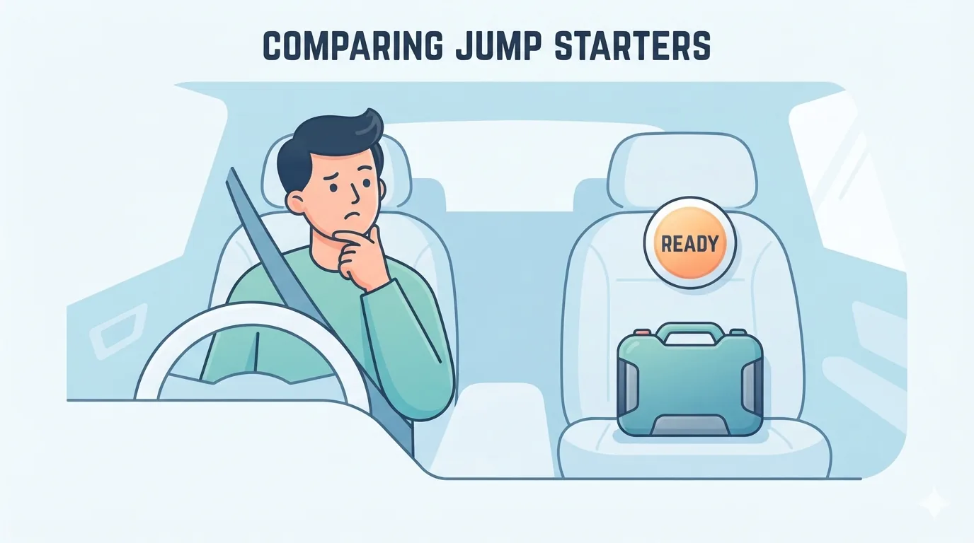 Conductor observando un arrancador de batería en el asiento del coche