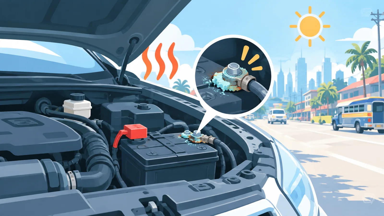 Mecánico instalando una batería nueva en un coche en Filipinas