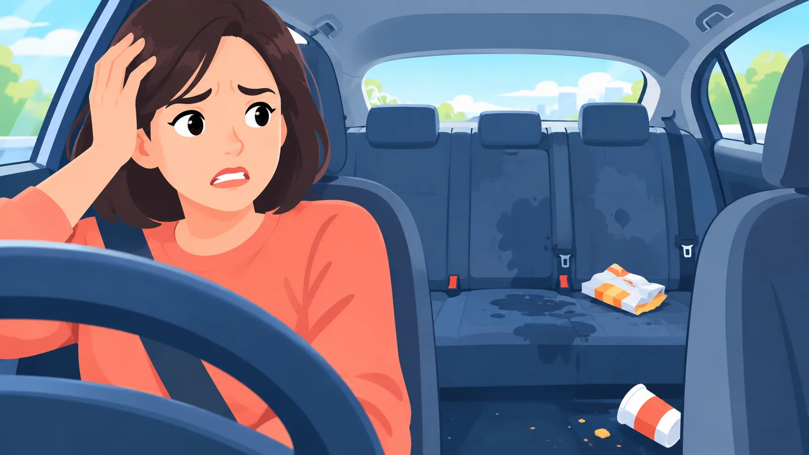 Interior de coche con olores persistentes por humedad y objetos acumulados
