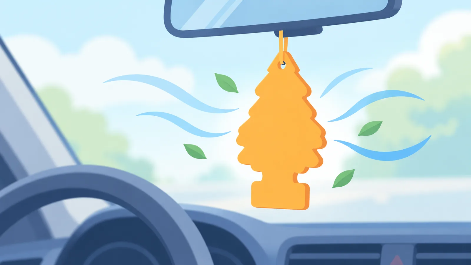 Ambientador de cartón colgando del retrovisor de un coche