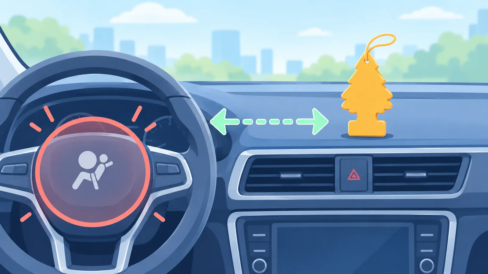 Ambientador colocado de forma segura lejos del airbag del volante