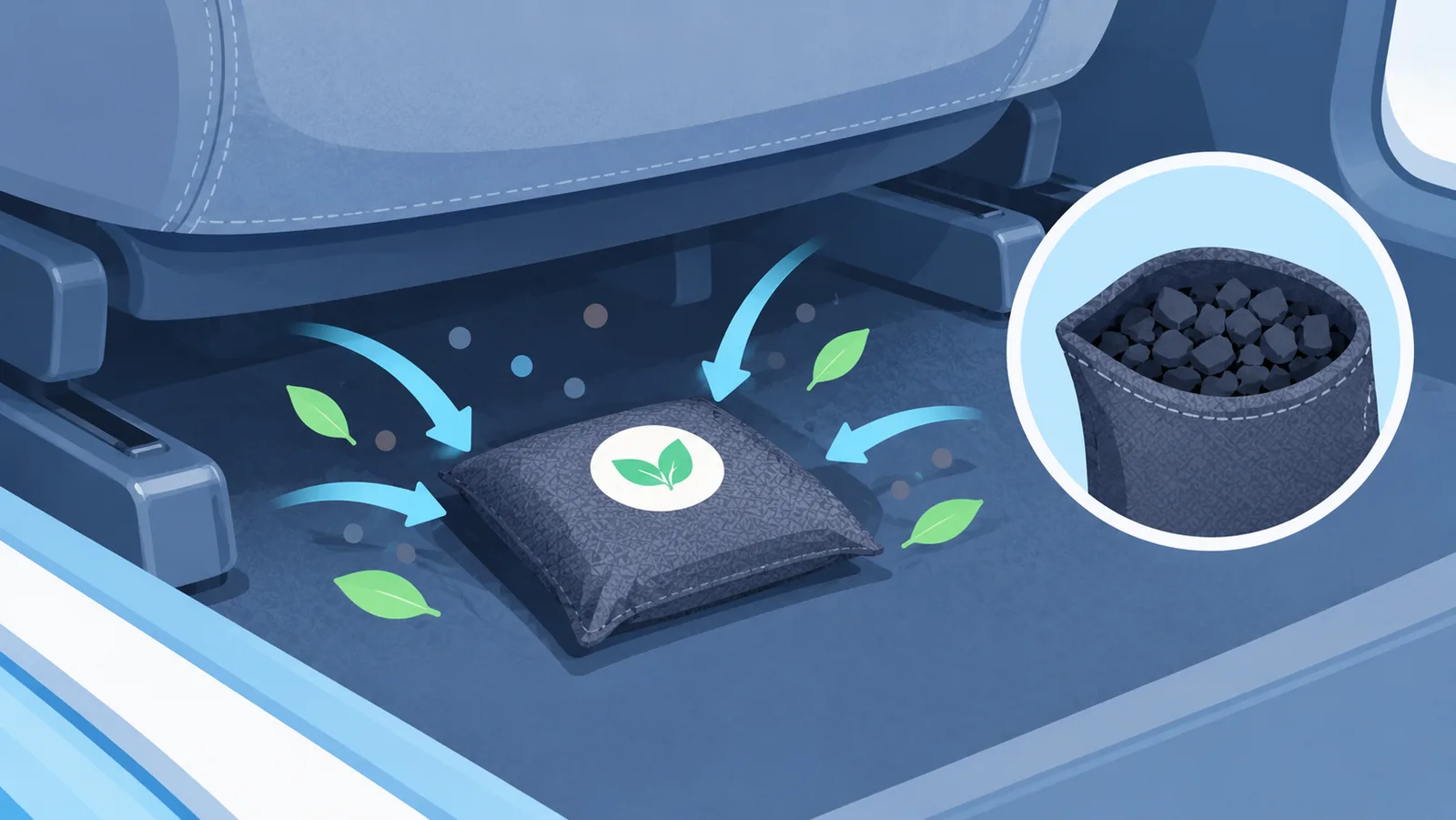 Bolsa de carbón activado colocada bajo el asiento del coche
