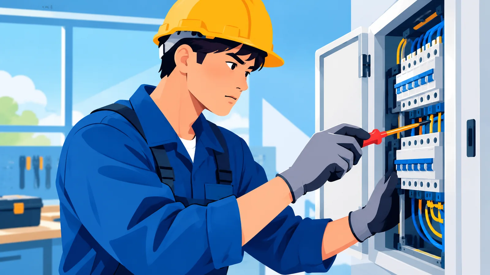 Aprendiz de electricista revisando un panel eléctrico en un taller