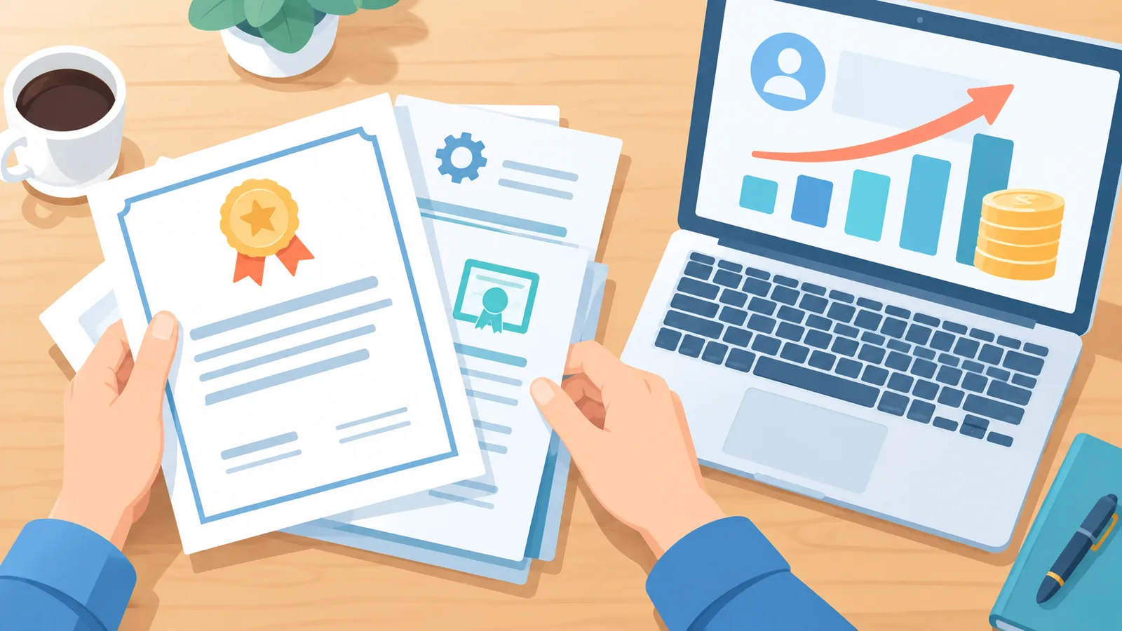 Persona comparando certificados y gráficos de salario en un escritorio