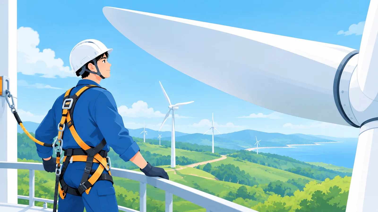 Técnico de turbinas eólicas junto a una pala de aerogenerador