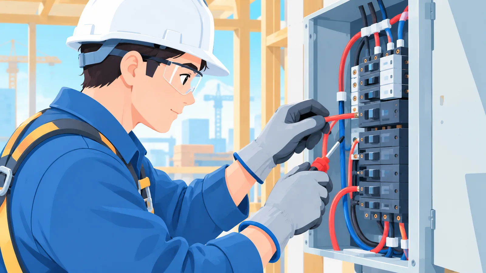 Electricista instalando un cuadro eléctrico en una obra