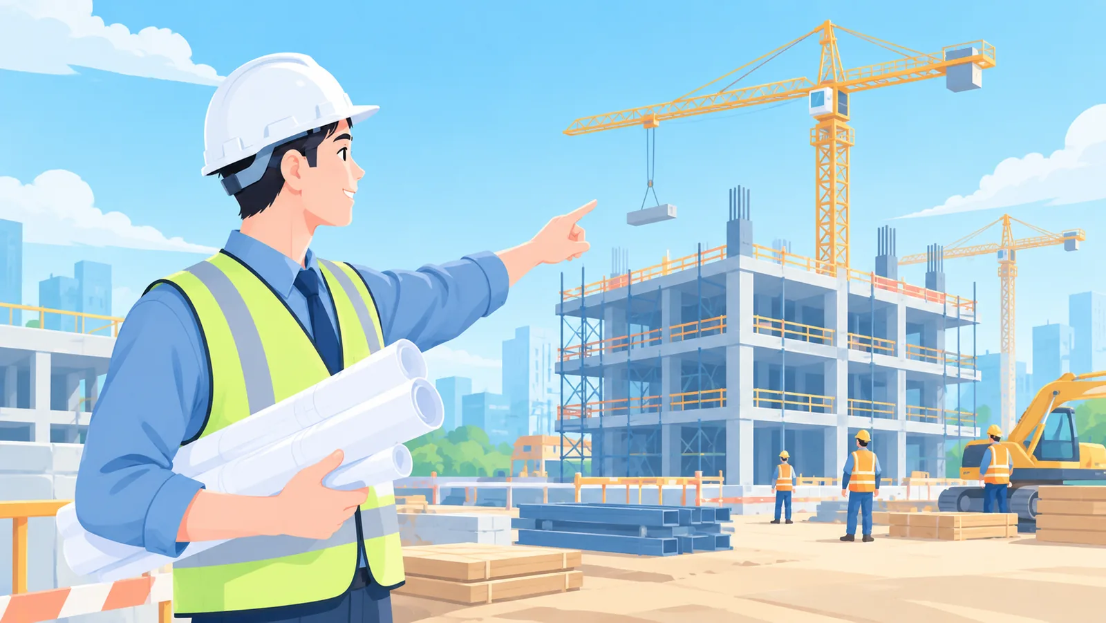 Gestor de proyectos de construcción señalando planos en una obra