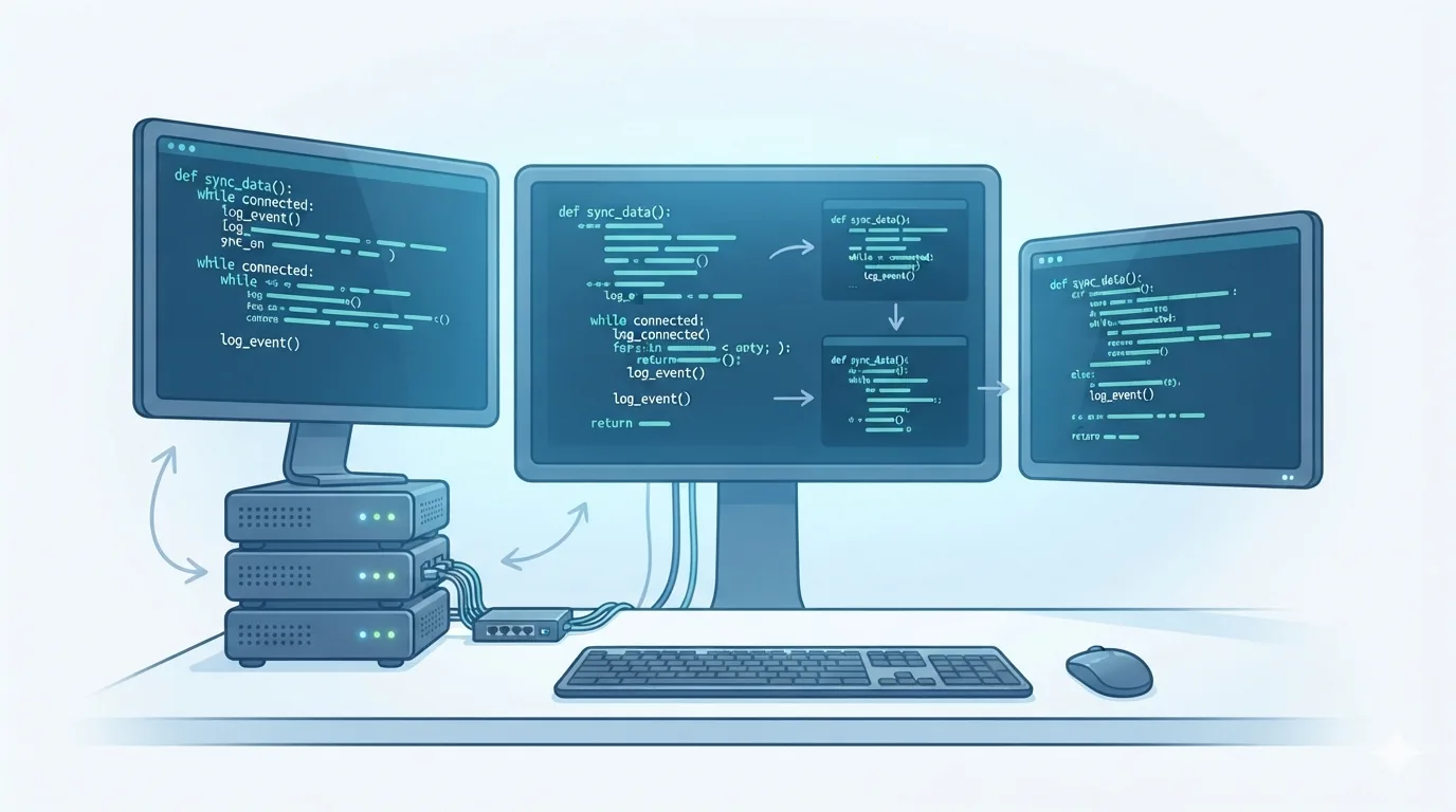 Configuración con varios monitores mostrando líneas de código