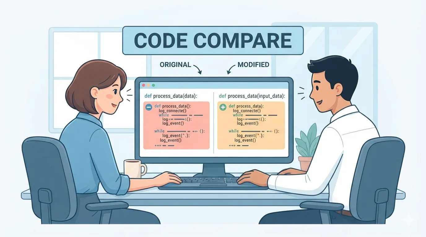 Dos personas revisando juntas una comparación de código