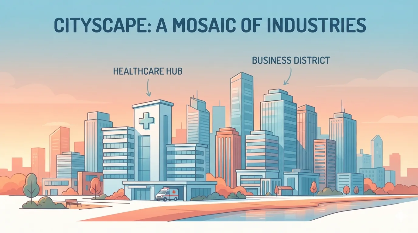 Skyline de una ciudad estadounidense representando distintos sectores laborales