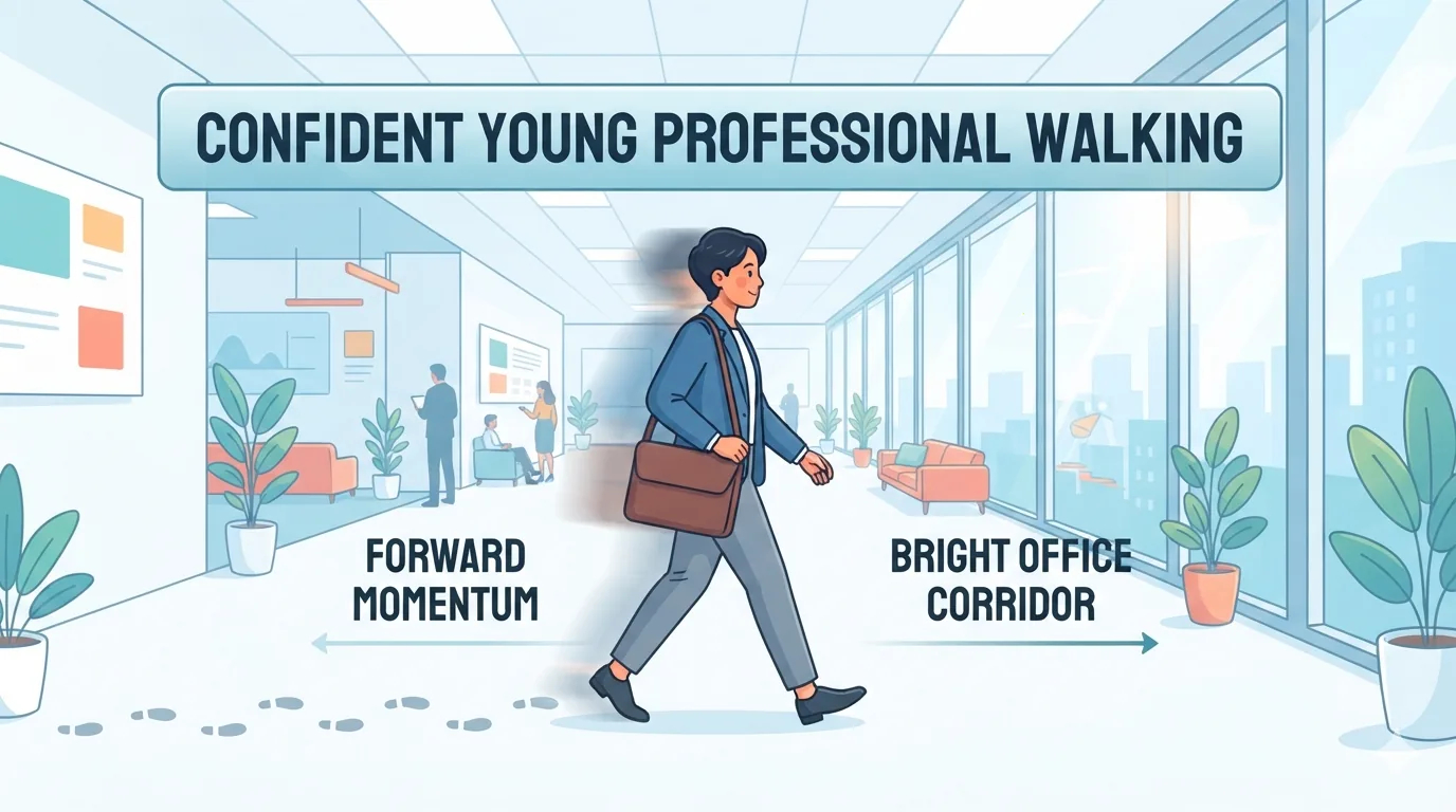 Profesional caminando con confianza hacia su nuevo empleo