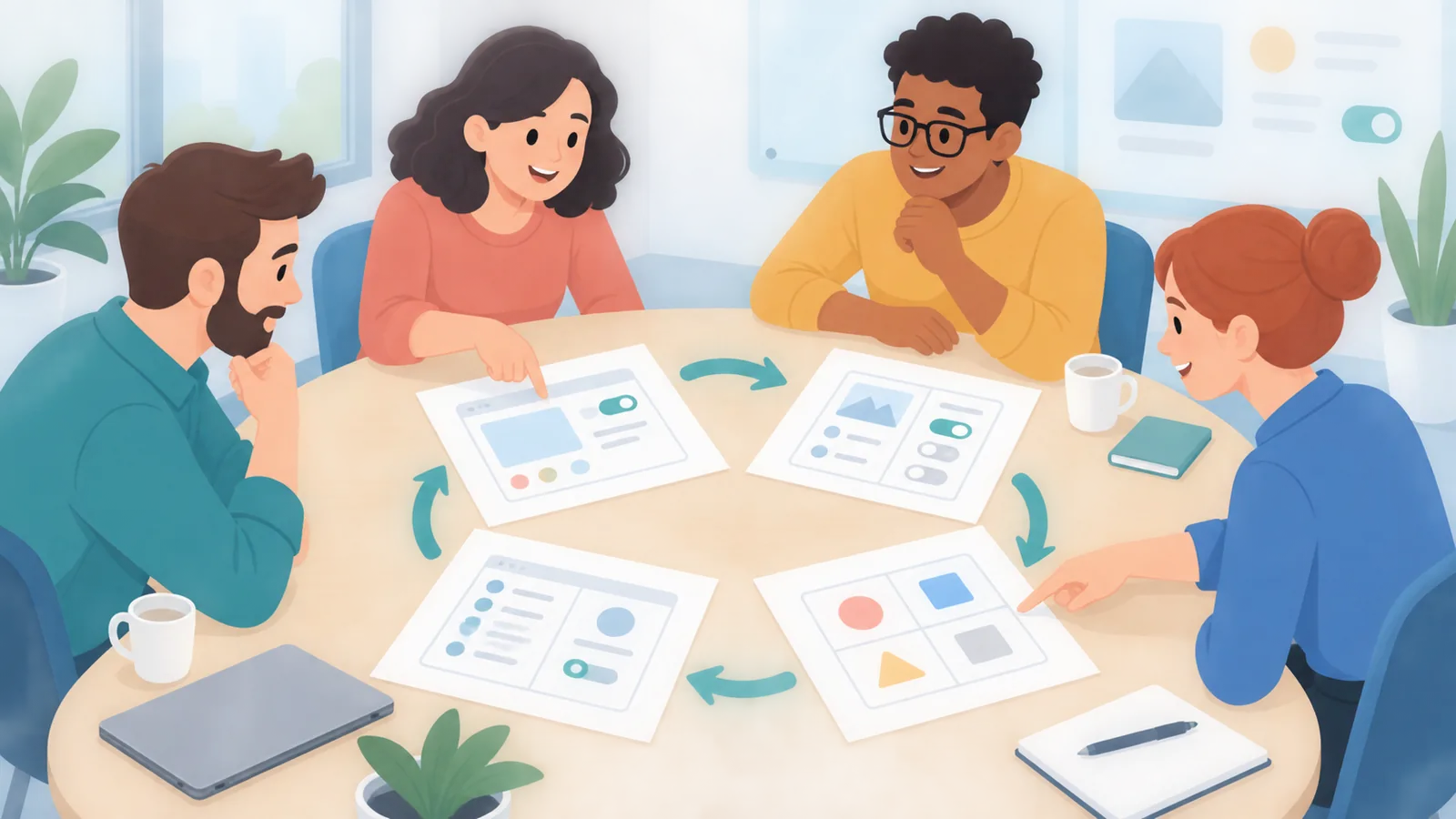 Equipo revisando fichas de funciones de software de voluntariado