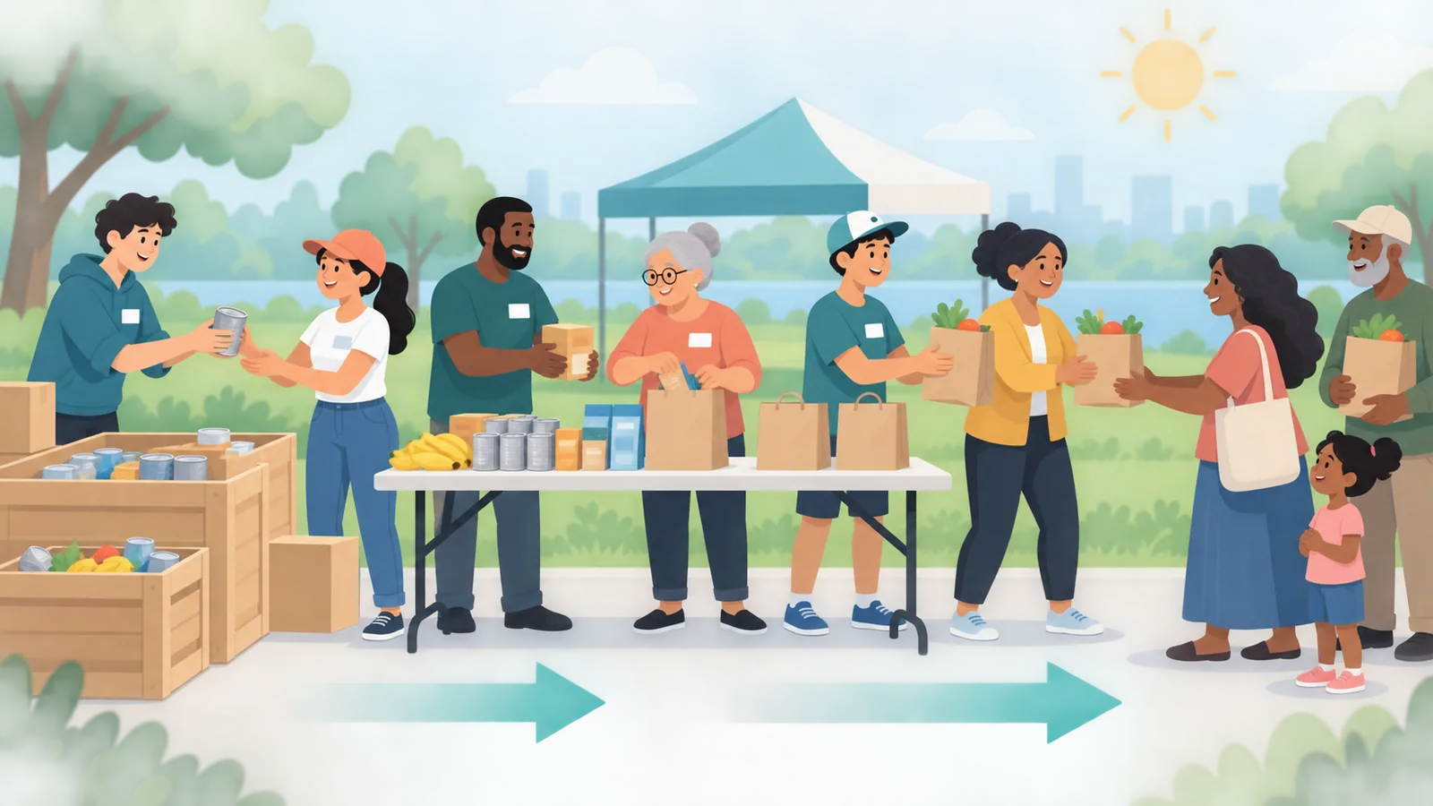 Voluntarios de distintas edades en un evento comunitario al aire libre