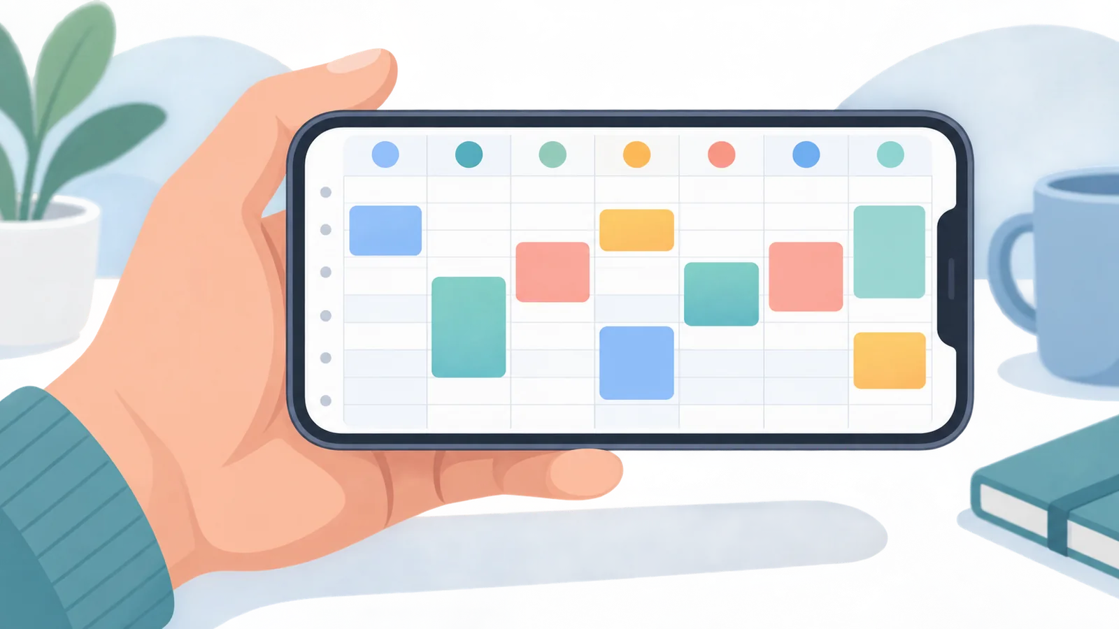 Móvil mostrando un calendario de turnos con bloques de colores